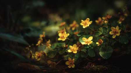 Marsh Marigold nestled on a deep forest floor at sunset, wild blossoms highlighted by warm golden rim lighting against a moody dark textured earth backdrop. Telephoto botanical view with shallow depth of field and rich glowing bokeh. Horizontal composition with abundant copy space. Premium quality, no people, no text, no logo.