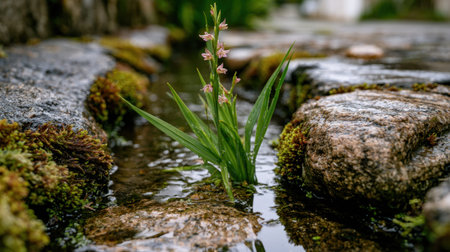 Gladiolus growing naturally from the cracks of old wet stone pavement, delicate small flowers rising above fresh green leaves, moss covered stones surrounding the plant, rainwater puddles reflecting soft natural light, close up realistic botanical photography, low angle ground level composition, shallow depth of field, blurred stone background, fresh after rain atmosphere, natural outdoor setting, detailed moss and stone textures, peaceful wild garden mood, premium stock photo quality, no people, no text, no logo, no watermark 2