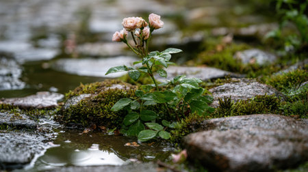 Juliet Rose growing naturally from the cracks of old wet stone pavement, delicate small flowers rising above fresh green leaves, moss covered stones surrounding the plant, rainwater puddles reflecting soft natural light, close up realistic botanical photography, low angle ground level composition, shallow depth of field, blurred stone background, fresh after rain atmosphere, natural outdoor setting, detailed moss and stone textures, peaceful wild garden mood, premium stock photo quality, no people, no text, no logo, no watermark 2