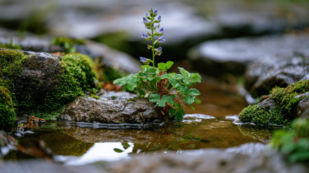 Clitoria Ternatea growing naturally from the cracks of old wet stone pavement, delicate small flowers rising above fresh green leaves, moss covered stones surrounding the plant, rainwater puddles reflecting soft natural light, close up realistic botanical photography, low angle ground level composition, shallow depth of field, blurred stone background, fresh after rain atmosphere, natural outdoor setting, detailed moss and stone textures, peaceful wild garden mood, premium stock photo quality, no people, no text, no logo, no watermark 3