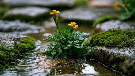 Marigold growing naturally from the cracks of old wet stone pavement, delicate small flowers rising above fresh green leaves, moss covered stones surrounding the plant, rainwater puddles reflecting soft natural light, close up realistic botanical photography, low angle ground level composition, shallow depth of field, blurred stone background, fresh after rain atmosphere, natural outdoor setting, detailed moss and stone textures, peaceful wild garden mood, premium stock photo quality, no people, no text, no logo, no watermark 3
