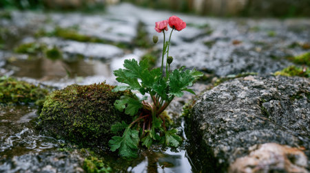 Red Poppy growing naturally from the cracks of old wet stone pavement, delicate small flowers rising above fresh green leaves, moss covered stones surrounding the plant, rainwater puddles reflecting soft natural light, close up realistic botanical photography, low angle ground level composition, shallow depth of field, blurred stone background, fresh after rain atmosphere, natural outdoor setting, detailed moss and stone textures, peaceful wild garden mood, premium stock photo quality, no people, no text, no logo, no watermark 3