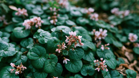 Cyclamen blooming naturally among a dense carpet, small delicate blossoms scattered across lush rounded foliage, top down realistic botanical photography, full frame plant texture, layered green leaves filling the entire composition, soft natural light with gentle highlights and shadows, rich fresh garden atmosphere, shallow depth of field, detailed leaf veins and flower clusters, elegant botanical background, premium stock photo quality, no people, no text, no logo, no watermark 2