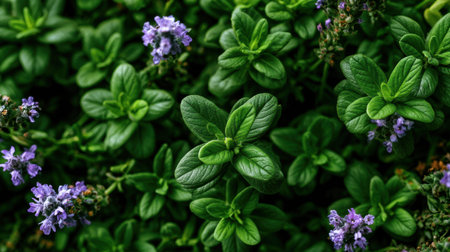 English Lavender blooming naturally among a dense carpet, small delicate blossoms scattered across lush rounded foliage, top down realistic botanical photography, full frame plant texture, layered green leaves filling the entire composition, soft natural light with gentle highlights and shadows, rich fresh garden atmosphere, shallow depth of field, detailed leaf veins and flower clusters, elegant botanical background, premium stock photo quality, no people, no text, no logo, no watermark 2