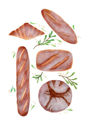 Fresh pastries set. Hand painted watercolor illustration isolated on white background. Set of fresh baked bread isolated on white background. Watercolor hand painted illustration of traditional tastyの写真素材