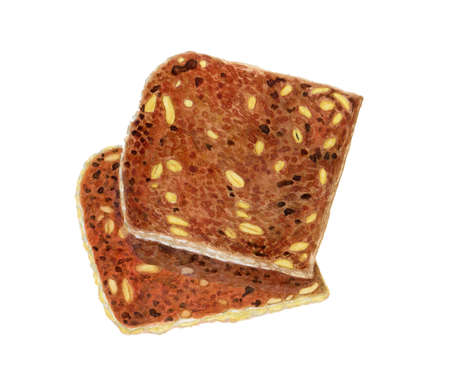 Illustration - Watercolor partly sliced loaf of the dark brown bread made of various grains on white background.の写真素材