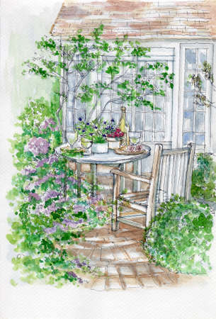 Garden with wooden bench and table.の写真素材