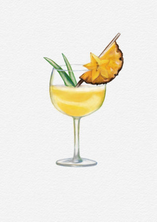 Watercolor illustration of a cocktail with a slice of pineapple on a white backgroundの写真素材