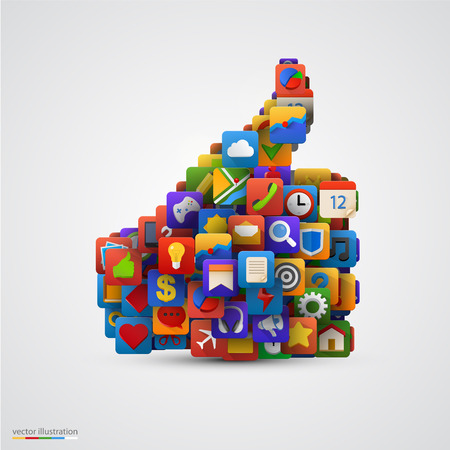Thumb silhouette with many application icons. Vector illustrationのイラスト素材