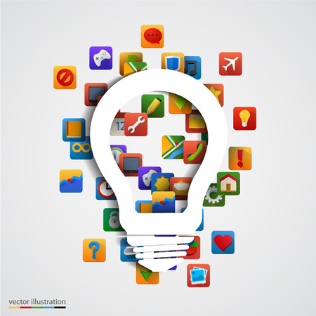 Modern creative vector light bulb with application icon. Business software and social media concept.のイラスト素材