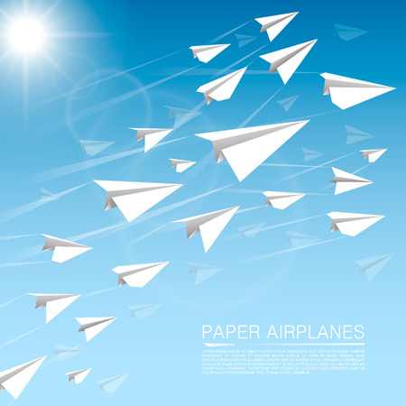 Flying paper airplanes art banner. Vector illustrationのイラスト素材