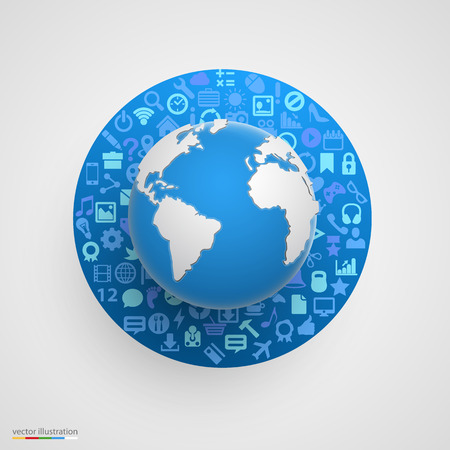 World globe with app icons. Business software and social media networking concept.のイラスト素材