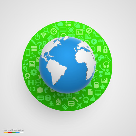 World globe with app icons. Business software and social media networking concept.のイラスト素材