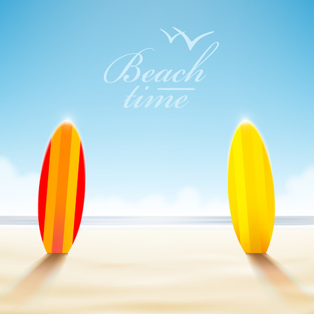 Vector holidays design. Surfboards on a beach against a sunny seascapeのイラスト素材