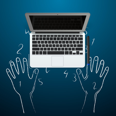 Computer with hands out of the chalk. Vector illustrationのイラスト素材