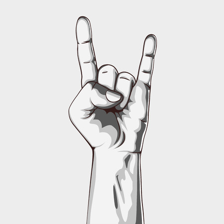 Hand in rock sign. Vector illustration. Black and white. Hand collection.のイラスト素材