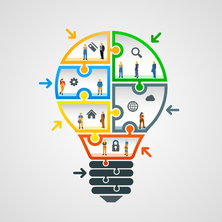 Bulb idea of working with puzzles. Vector illustrationのイラスト素材