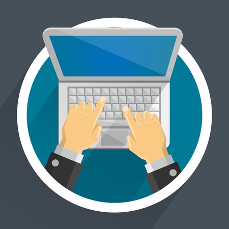 Computer in hands flat art. Vector illustrationのイラスト素材