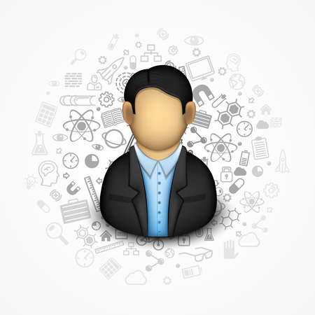 Businessman on the background of many icons. Vector illustrationのイラスト素材