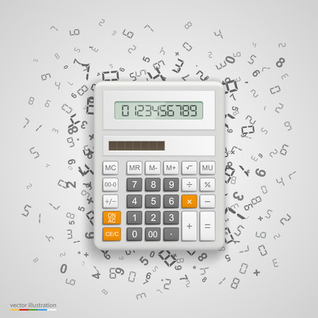 Calculator with icons on background. Vector illustrationのイラスト素材