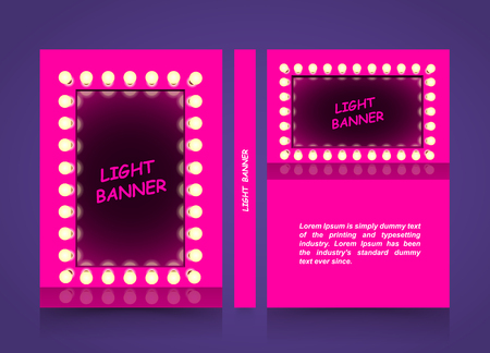 Pink mirror with lamps, Light fashion banner, Retro looking presentation design element square frame glowing with lamps, A4 size paper, Vector illustrationのイラスト素材