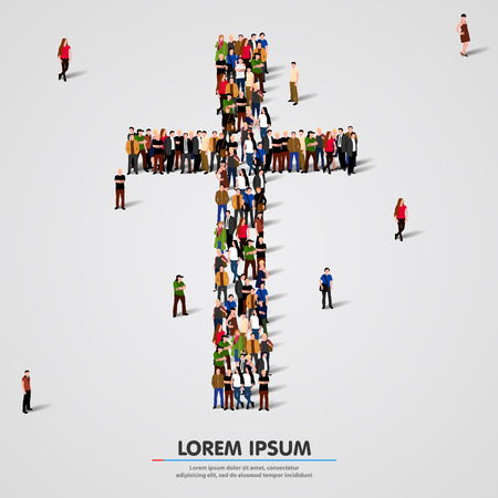 Large group of people in the shape of cross. Vector illustrationのイラスト素材