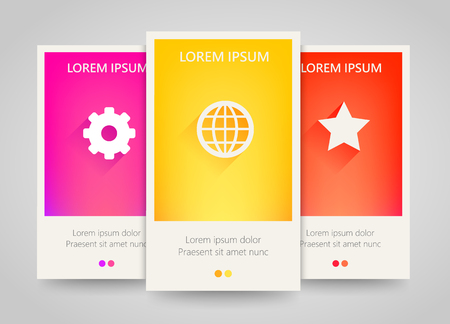 Modern colorful vertical business banners. Clean and simple flyer set with planet, star and gear signs. Bright backgrounds. Vector illustrationのイラスト素材