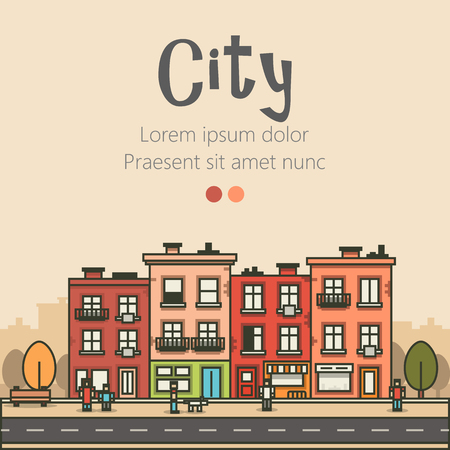 Flat design modern urban landscape and city life background. Building, people, trees and road. Vector illustrationのイラスト素材