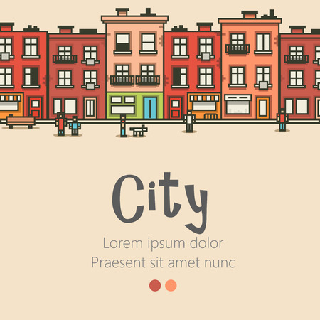 Flat design modern urban landscape and city life background. Building, people and trees. Vector illustrationのイラスト素材