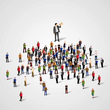 Man with speaker and big crowd of people. The real leader concept. Vector illustration.のイラスト素材