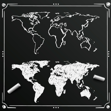 Chalkboard sketch of hand drawn World map, template design elementのイラスト素材