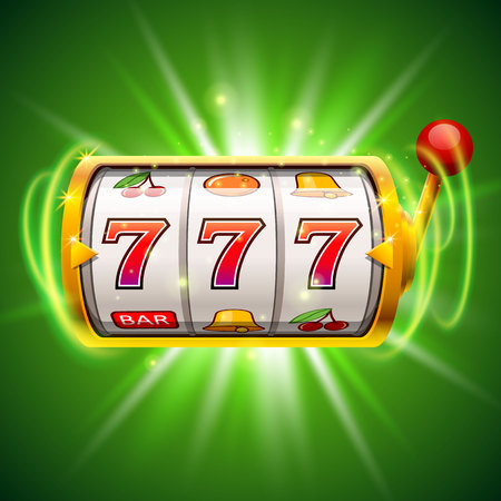 Golden slot machine wins the jackpot. Isolated on green background.のイラスト素材