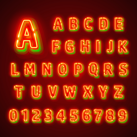 Red fluorescent neon font on dark background. Nightlight alphabet. Vector illustration.のイラスト素材