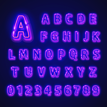 Fluorescent neon font on dark background. Nightlight alphabet. Vector illustration.のイラスト素材