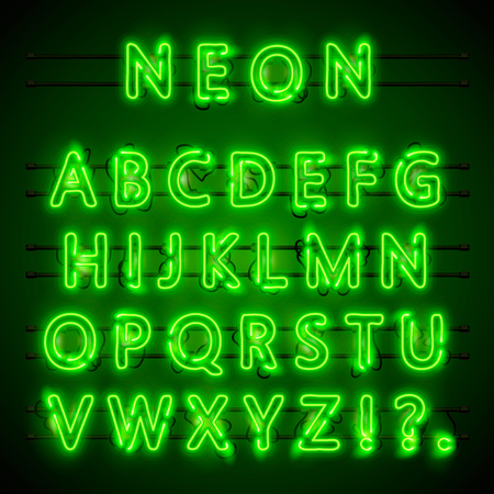 Neon font city. Neon green font eps. Lamp green font. Alphabet font. Vector illustrationのイラスト素材