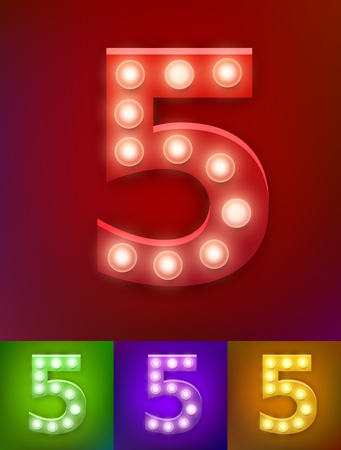Vector illustration of realistic old lamp alphabet for light board. Vintage vegas show typography. Number 5のイラスト素材