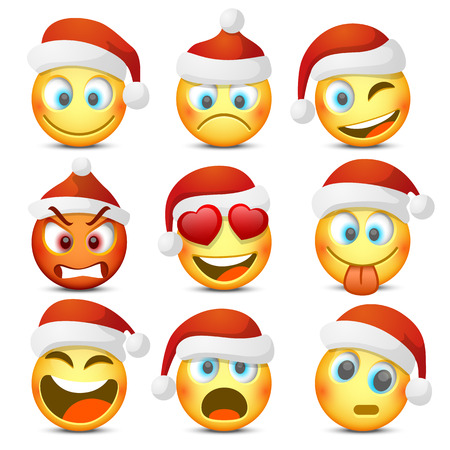 Emoji and sad New Year hat icon set. Vector illustrationのイラスト素材