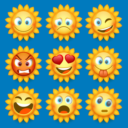 Emoji sun and sad icon set. Vector illustrationのイラスト素材
