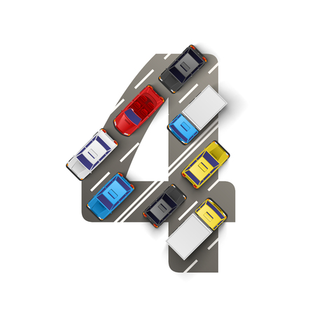 Road with cars in the form of number four. Vector illustrationのイラスト素材