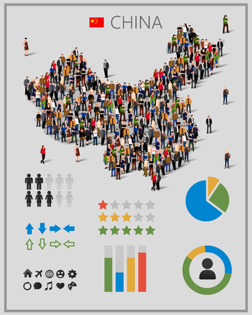 Large group of people in China map with infographics elements.のイラスト素材