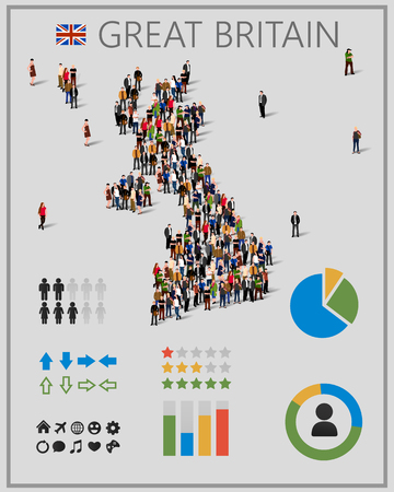 Large group of people in form of Great Britain map with infographics elements.のイラスト素材