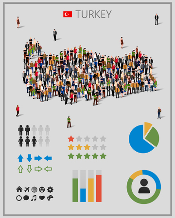 Large group of people in form of Turkey map with infographics elements.のイラスト素材
