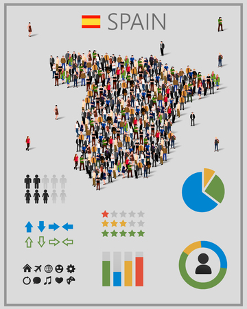 Large group of people in form of Spain map with infographics elements.のイラスト素材