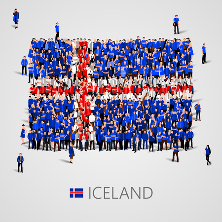 Large group of people in the shape of Iceland flag. Republic of Iceland.のイラスト素材