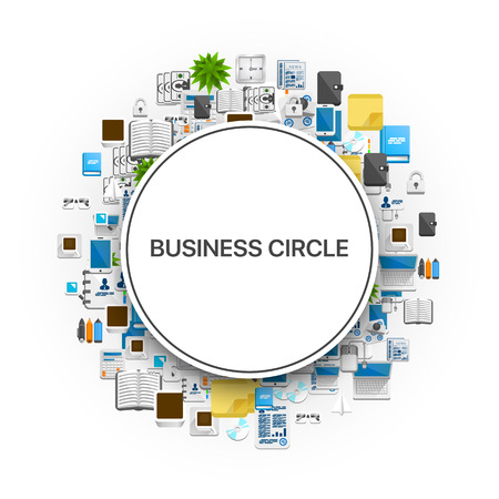 A set of colourful icons set shaped as a circle with a title Business circle. Vector illustrationのイラスト素材
