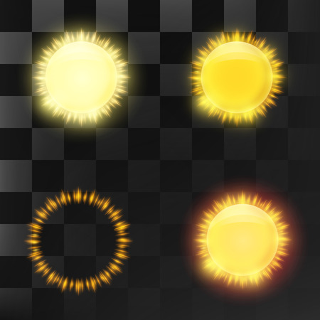 Set of bright transparent sun and sun elements. Summer or spring concept.のイラスト素材
