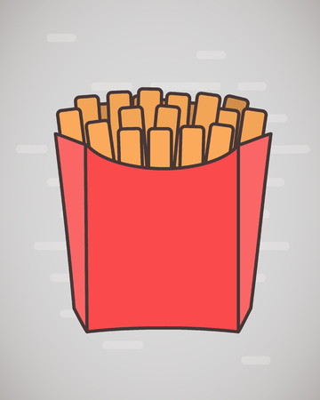 Flat style French fries in paper box isolated on white. Flat design. French fries fast food in a red package.のイラスト素材