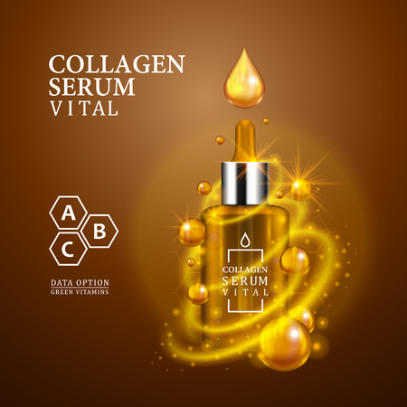 Vital serum golden dropper bottle on light brown background. Realistic bottle view with magic vital drops and glitters. Vitamin formula treatment design. Advertising concept. Vector illustration.のイラスト素材