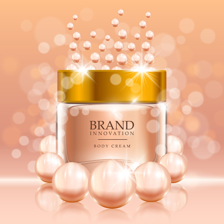 Beauty cream with pearls and bubbles on peach background. Skin care product advertising concept for cosmetic industry. Vector illustration.のイラスト素材