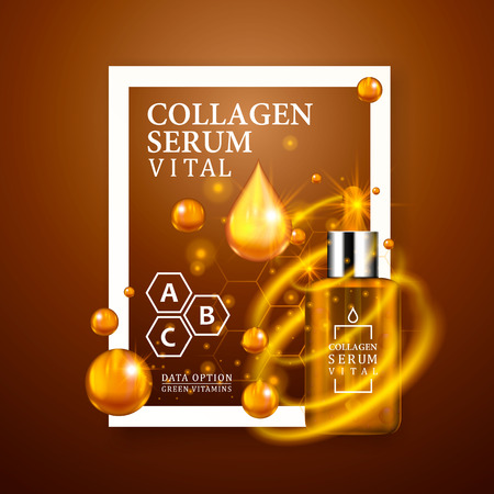 Vital serum golden dropper bottle on light brown background. Realistic bottle view with magic vital drops and glitters. Vitamin formula treatment design. Advertising concept. Vector illustration.のイラスト素材